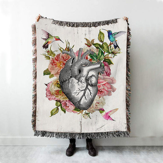 Heart Hummingbird Rose Woven Boho Blanket - Gift For Cardiologist, Nurse, Rn
