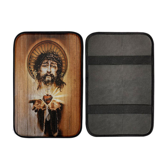 Heart Jesus Face Crown Of Thorn Jesus Car Center Console Cover, Religious Car Interior Accessories
