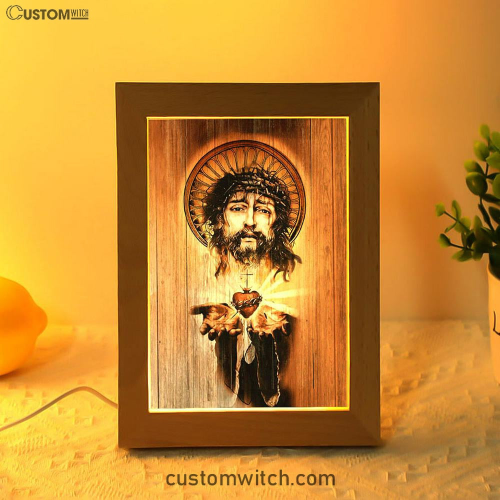 Heart Jesus Face Crown Of Thorn Jesus Frame Lamp Art - Christian Night Light - Bible Verse Wooden Lamp