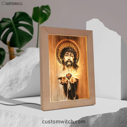 Heart Jesus Face Crown Of Thorn Jesus Frame Lamp Art - Christian Night Light - Bible Verse Wooden Lamp