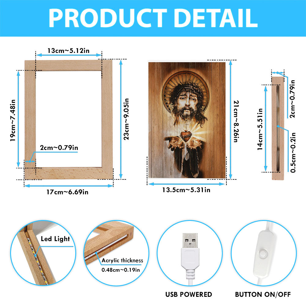 Heart Jesus Face Crown Of Thorn Jesus Frame Lamp Art - Christian Night Light - Bible Verse Wooden Lamp