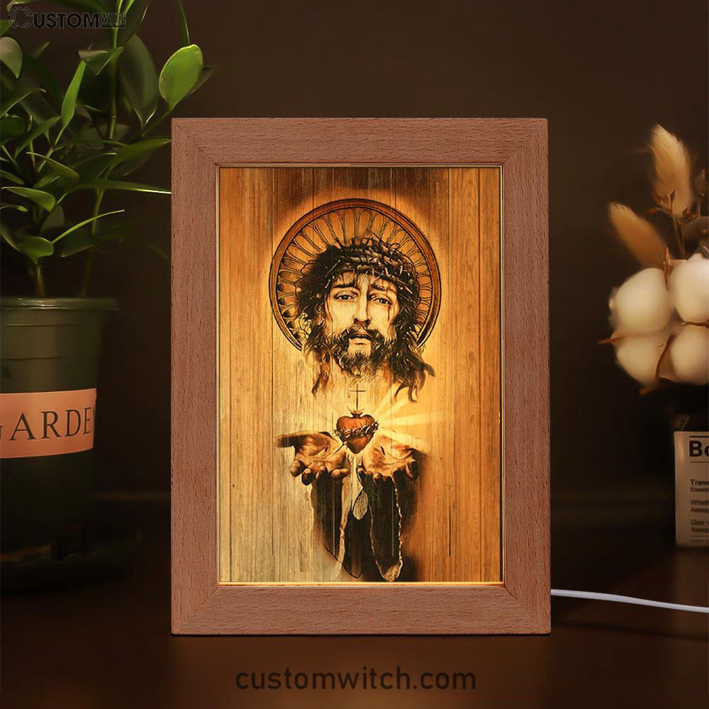 Heart Jesus Face Crown Of Thorn Jesus Frame Lamp Art - Christian Night Light - Bible Verse Wooden Lamp