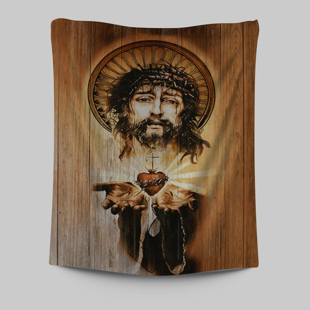 Heart Jesus Face Crown Of Thorn Jesus Tapestry Wall Art - Christian Tapestries Prints - Bible Verse Tapestry Art