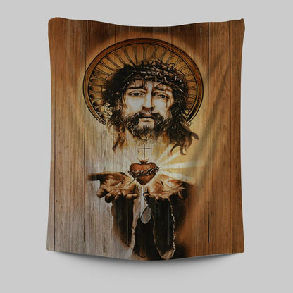Heart Jesus Face Crown Of Thorn Jesus Tapestry Wall Art - Christian Tapestries Prints - Bible Verse Tapestry Art