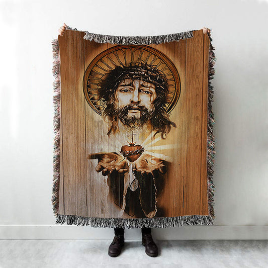 Heart Jesus Face Crown Of Thorn Jesus Woven Throw Blanket - Christian Woven Blanket Prints - Bible Verse Woven Blanket Art
