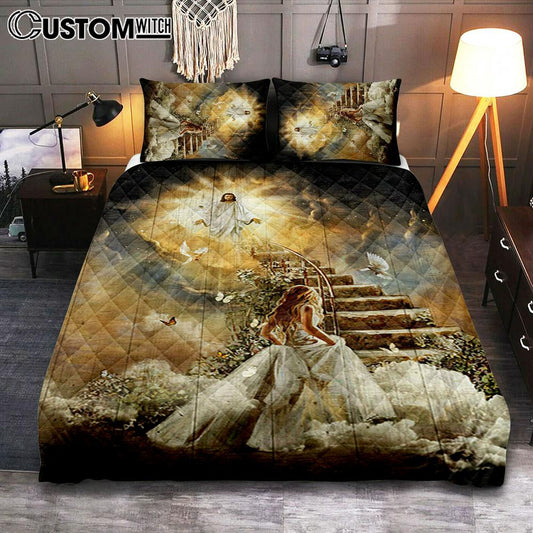 Heaven Holy Spirit Dove Stair To Heaven Welcome Home Quilt Bedding Set Bedroom - Christian Quilt Bedding Set Prints - Bible Verse Quilt Bedding Set Art