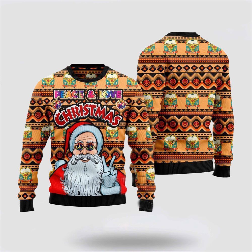 Hippie Santa Claus Peace And Love Ugly Christmas Sweater, Best Gift For Holiday, Christmas Crewneck Sweater, Christmas Winter Fashion