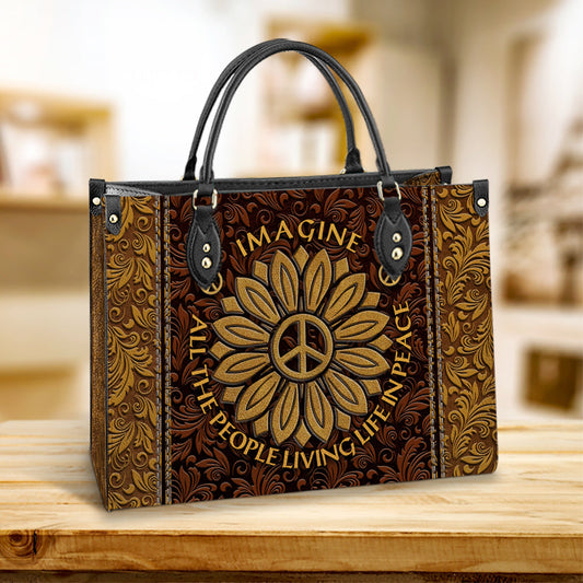 Hippie Sunflower Imagine All The People Living Life In Peace Leather Bag, Women's Pu Leather Bag, Best Mother's Day Gifts
