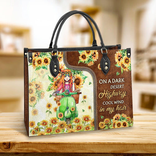 Hippie Sunflower On A Dark Desert Highway Leather Bag, Women's Pu Leather Bag, Best Mother's Day Gifts