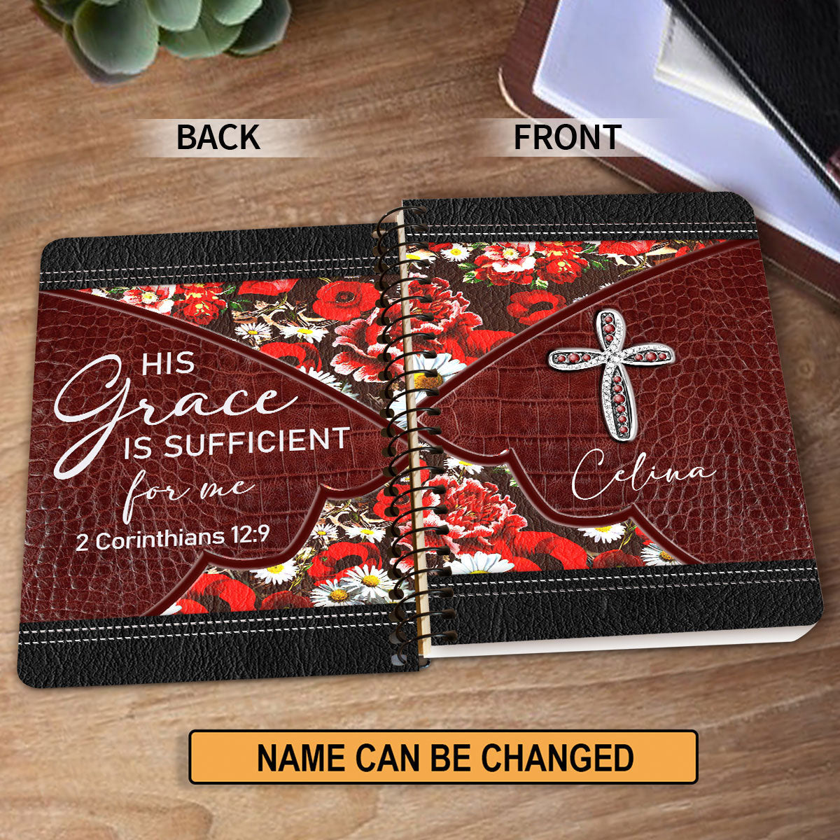 His Grace Is Sufficient For Me Personalized Flower Spiral Journal, Spiritual Gift Faith For Christians