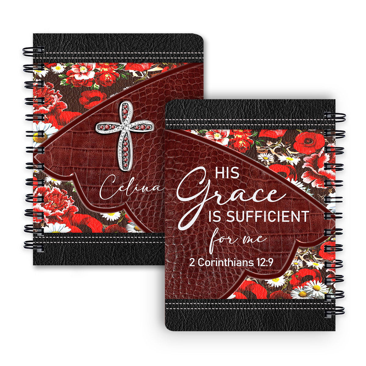 His Grace Is Sufficient For Me Personalized Flower Spiral Journal, Spiritual Gift Faith For Christians