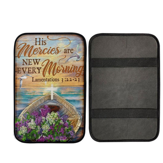 His Mercies Are New Every Morning Boat Flower Cross Car Center Console Cover, Religious Car Interior Accessories