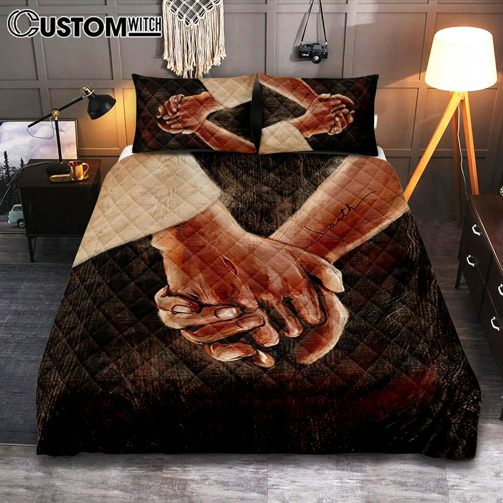 Holding Hand With Jesus Quilt Bedding Set Bedroom - Bible Verse Quilt Bedding Set Art - Christian Home Decor