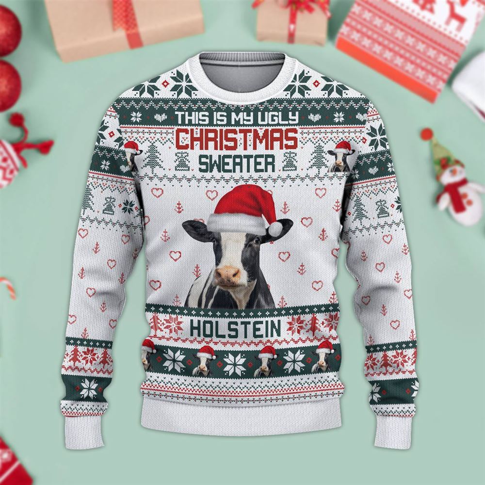 Holstein Green Ugly Christmas Sweater, Sweater Gifts For Pet Loves, Farmers Sweater