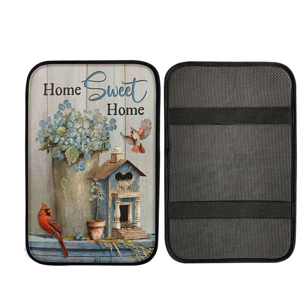 Home Sweet Home Blue Hydrangea Red Cardinals Car Center Console Cover, Christ Car Armrest Accessories