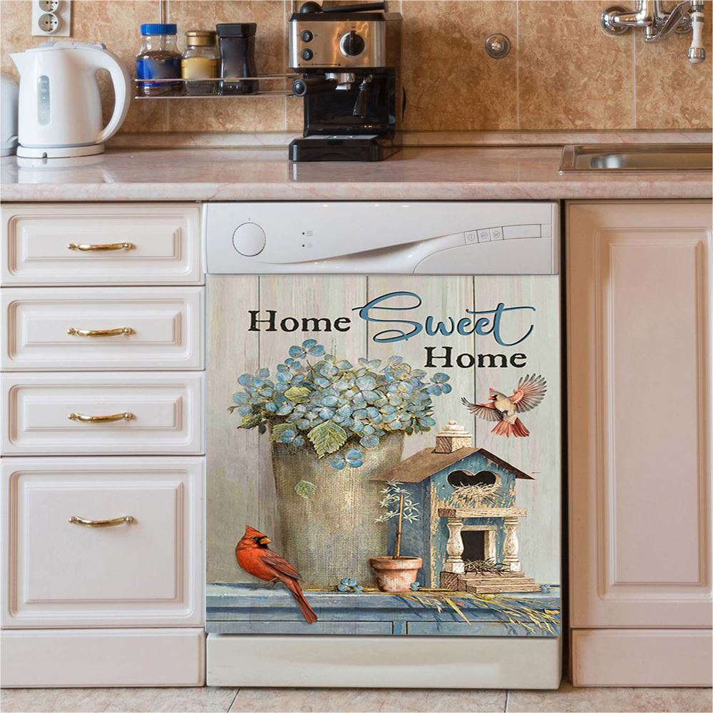 Home Sweet Home Blue Hydrangea Red Cardinals Dishwasher Cover, Bible Verse Dishwasher Stickers, Christian Inspirational Kitchen Decor
