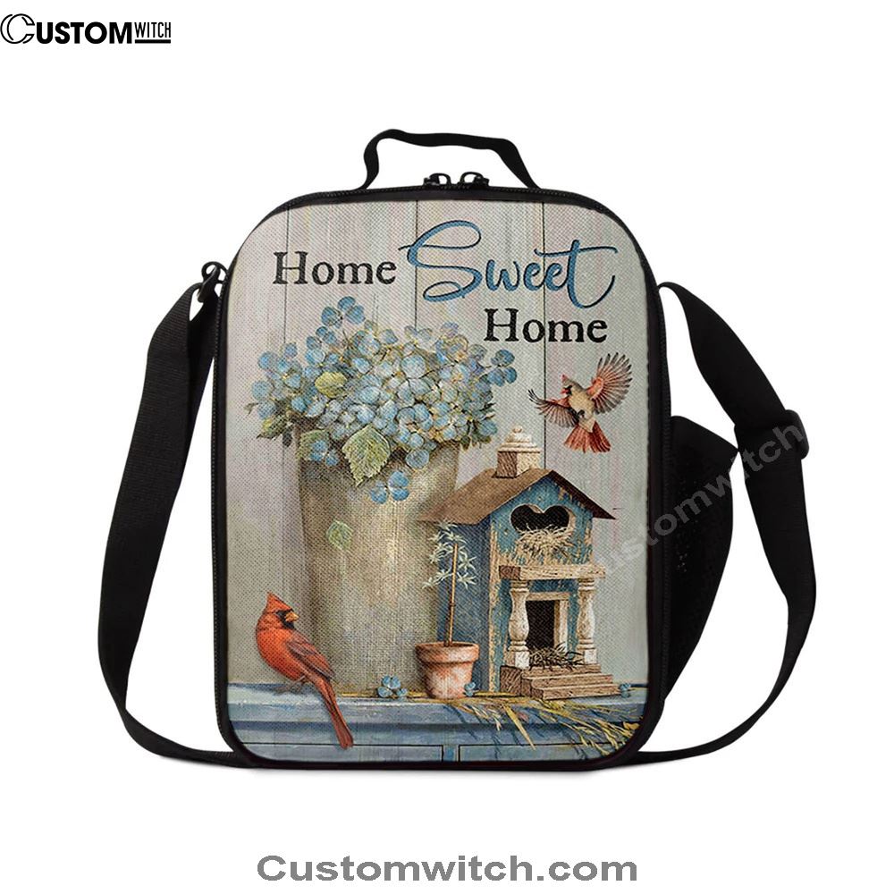 Home Sweet Home Blue Hydrangea Red Cardinals Lunch Bag, Christian Lunch Bag, Religious Lunch Box For School, Picnic
