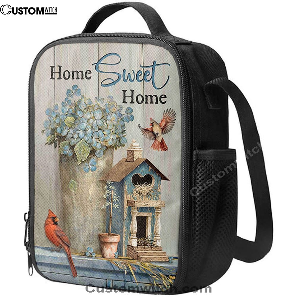 Home Sweet Home Blue Hydrangea Red Cardinals Lunch Bag, Christian Lunch Bag, Religious Lunch Box For School, Picnic