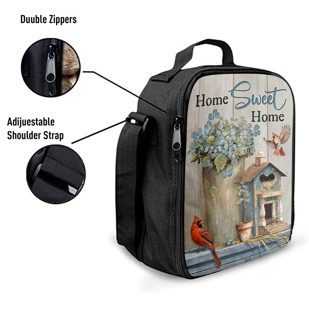 Home Sweet Home Blue Hydrangea Red Cardinals Lunch Bag, Christian Lunch Bag, Religious Lunch Box For School, Picnic