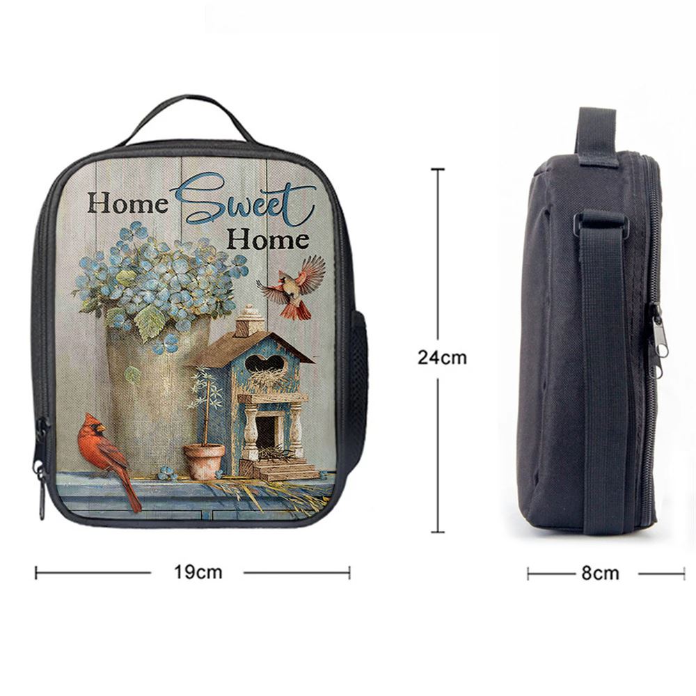 Home Sweet Home Blue Hydrangea Red Cardinals Lunch Bag, Christian Lunch Bag, Religious Lunch Box For School, Picnic