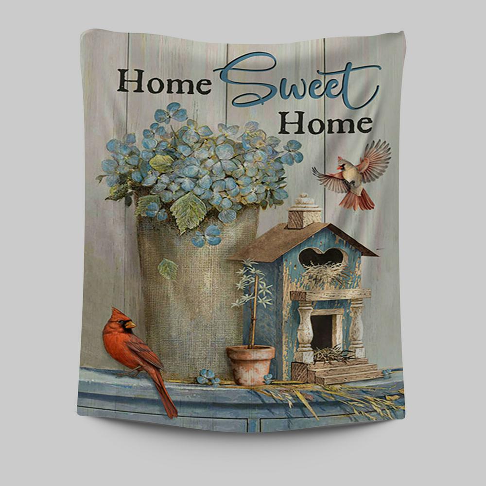 Home Sweet Home Blue Hydrangea Red Cardinals Tapestry Art - Bible Verse Wall Art - Christian Inspirational Wall Decor