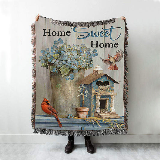 Home Sweet Home Blue Hydrangea Red Cardinals Woven Blanket Art - Bible Verse Throw Blanket - Christian Inspirational Boho Blanket