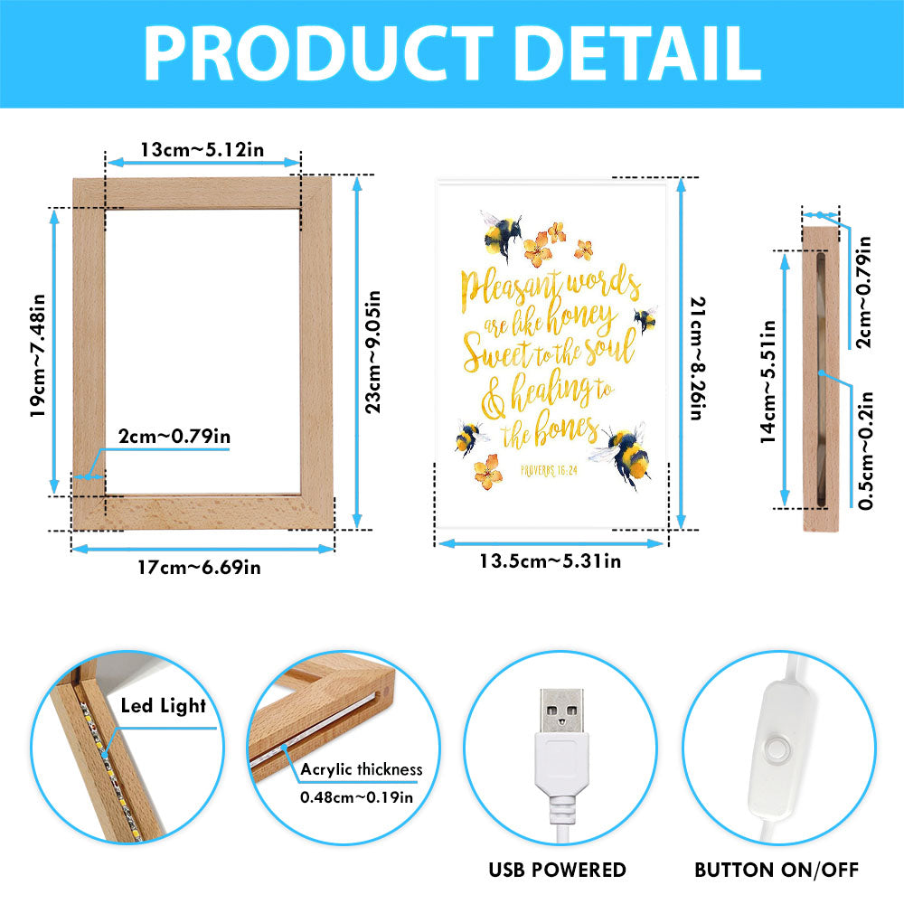 Honey Bee Frame Lamp Decor - Pleasant Words Are Like Honey - Proverbs 16 24 - Christian Night Light Decor