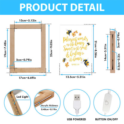 Honey Bee Frame Lamp Decor - Pleasant Words Are Like Honey - Proverbs 16 24 - Christian Night Light Decor