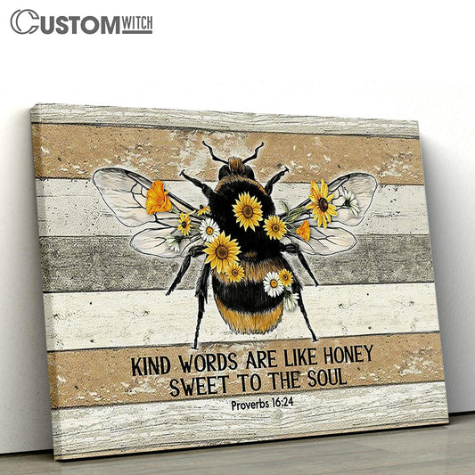 Honeybee Sunflower Kind Words Are Like Honey Large Canvas Art - Christian Wall Decor - Religious Wall Decor