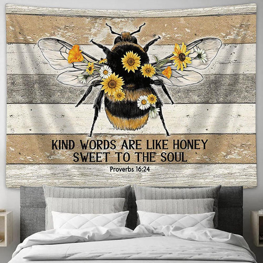 Honeybee Sunflower Kind Words Are Like Honey Large Tapestry Art - Christian Wall Decor - Religious Wall Decor