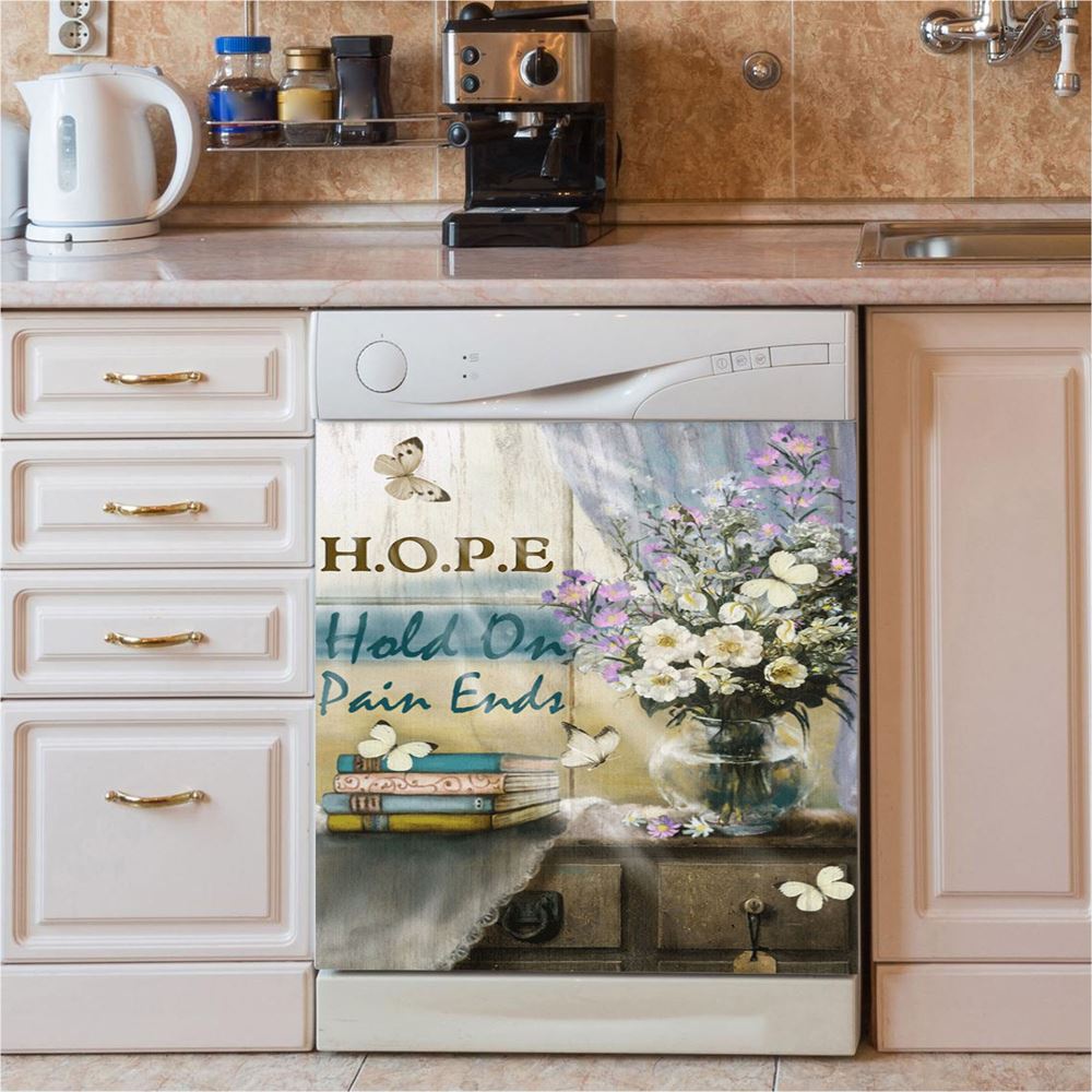 Hope Hold On Pain Ends Butterfly Flower Window Dishwasher Cover, Christian Dishwasher Stickers, Religious Kitchen Decor