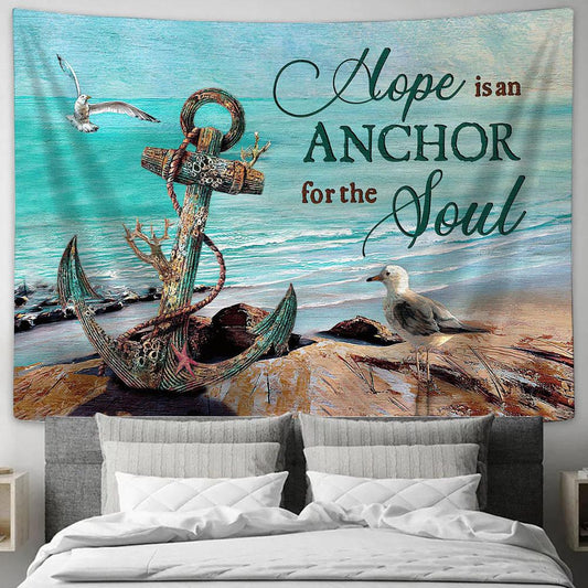 Hope Is An Anchor For The Soul Brilliant Ocean Seagull Tapestry Wall Art - Bible Verse Tapestry - Religious Tapestry Wall Hanging
