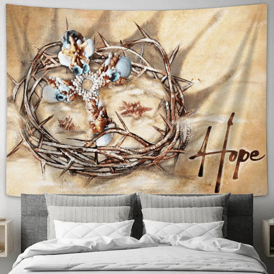 Hope, Seashell Cross, Crown Of Thorns, Sand Tapestry, Tapestries for Living Room Bedroom