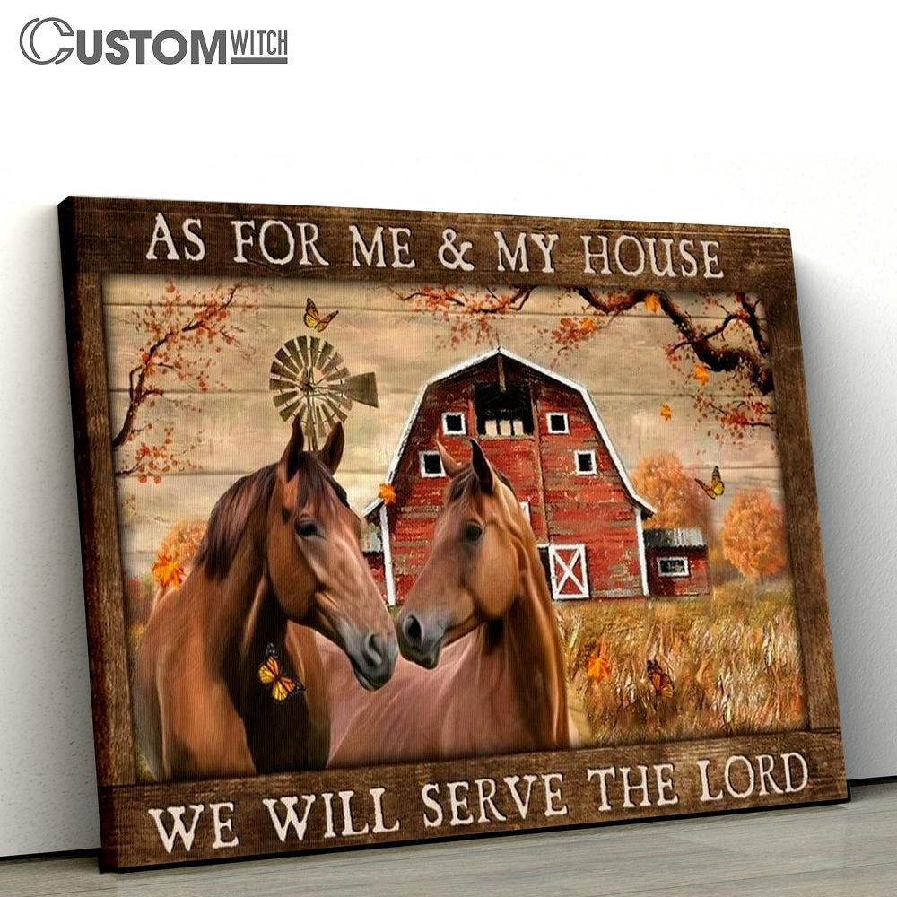 Horse Couple, Autumn Painting, Red House, We Will Serve The Lord Canvas Poster