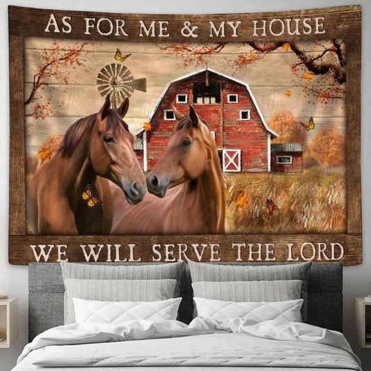Horse Couple, Autumn Painting, Red House, We Will Serve The Lord Tapestry, Tapestries for Living Room Bedroom
