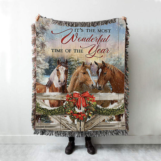 Horse Farm It's The Most Wonderful Time Of The Year Woven Throw Blanket - Christian Wall Woven Blanket - Gift For Horse Lover