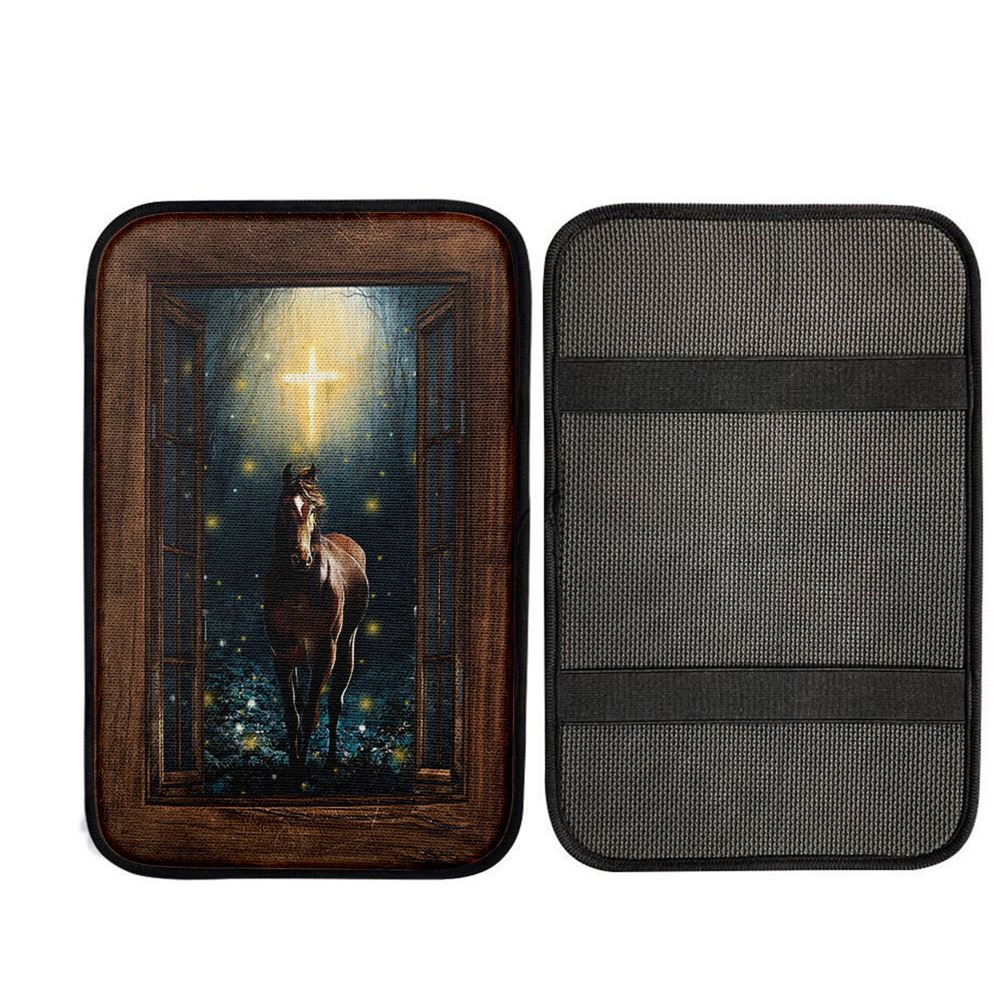 Horse Firefly Cross Wooden Window Car Center Console Cover, Christ Car Armrest Accessories