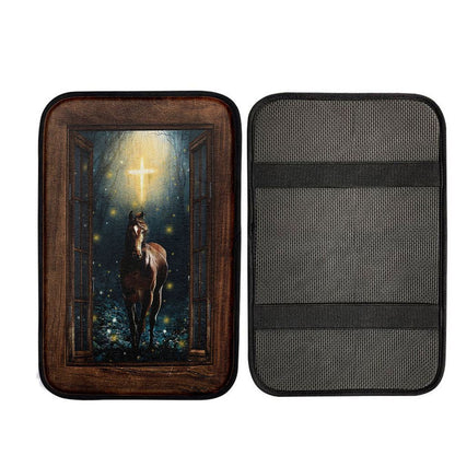 Horse Firefly Cross Wooden Window Car Center Console Cover, Christ Car Armrest Accessories