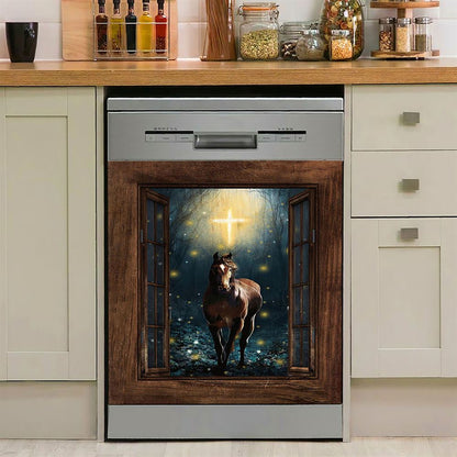 Horse Firefly Cross Wooden Window Dishwasher Cover, Bible Verse Dishwasher Stickers, Christian Inspirational Kitchen Decor