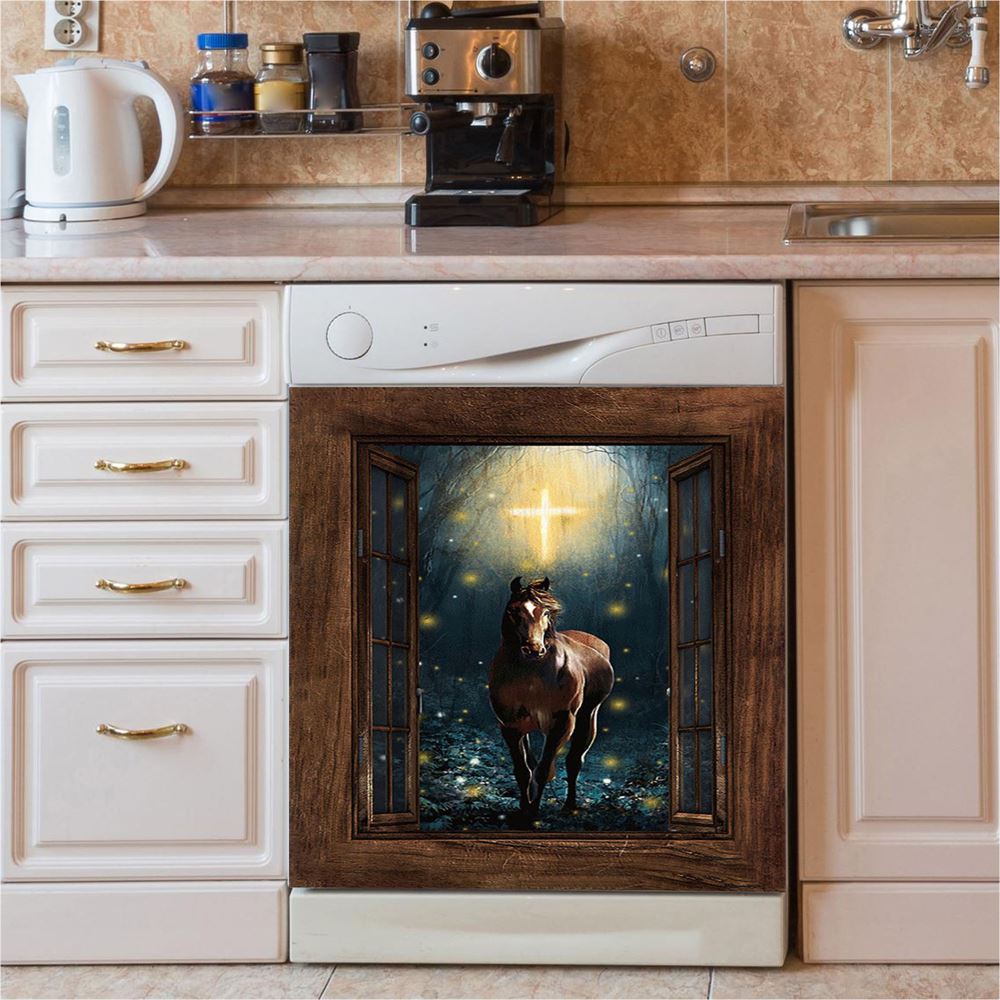 Horse Firefly Cross Wooden Window Dishwasher Cover, Bible Verse Dishwasher Stickers, Christian Inspirational Kitchen Decor