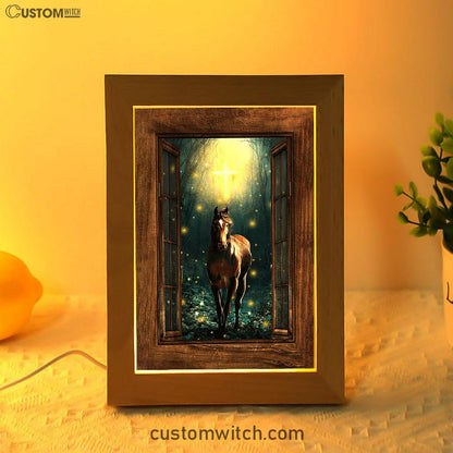 Horse Firefly Cross Wooden Window Frame Lamp Art - Bible Verse Art - Christian Inspirational Decor