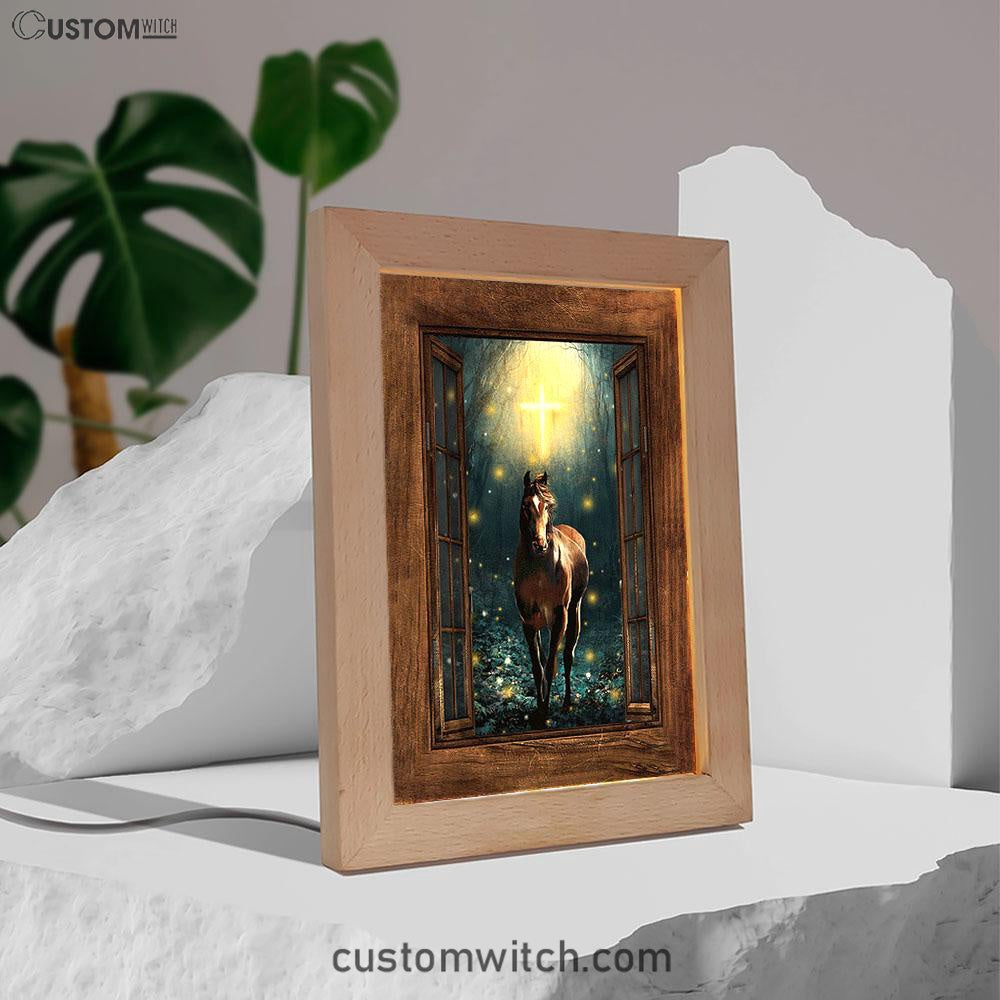 Horse Firefly Cross Wooden Window Frame Lamp Art - Bible Verse Art - Christian Inspirational Decor