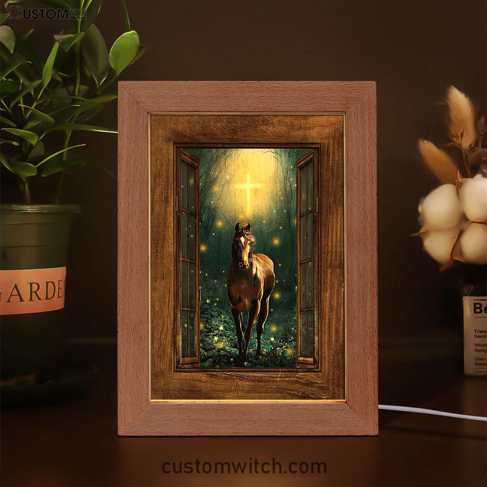 Horse Firefly Cross Wooden Window Frame Lamp Art - Bible Verse Art - Christian Inspirational Decor