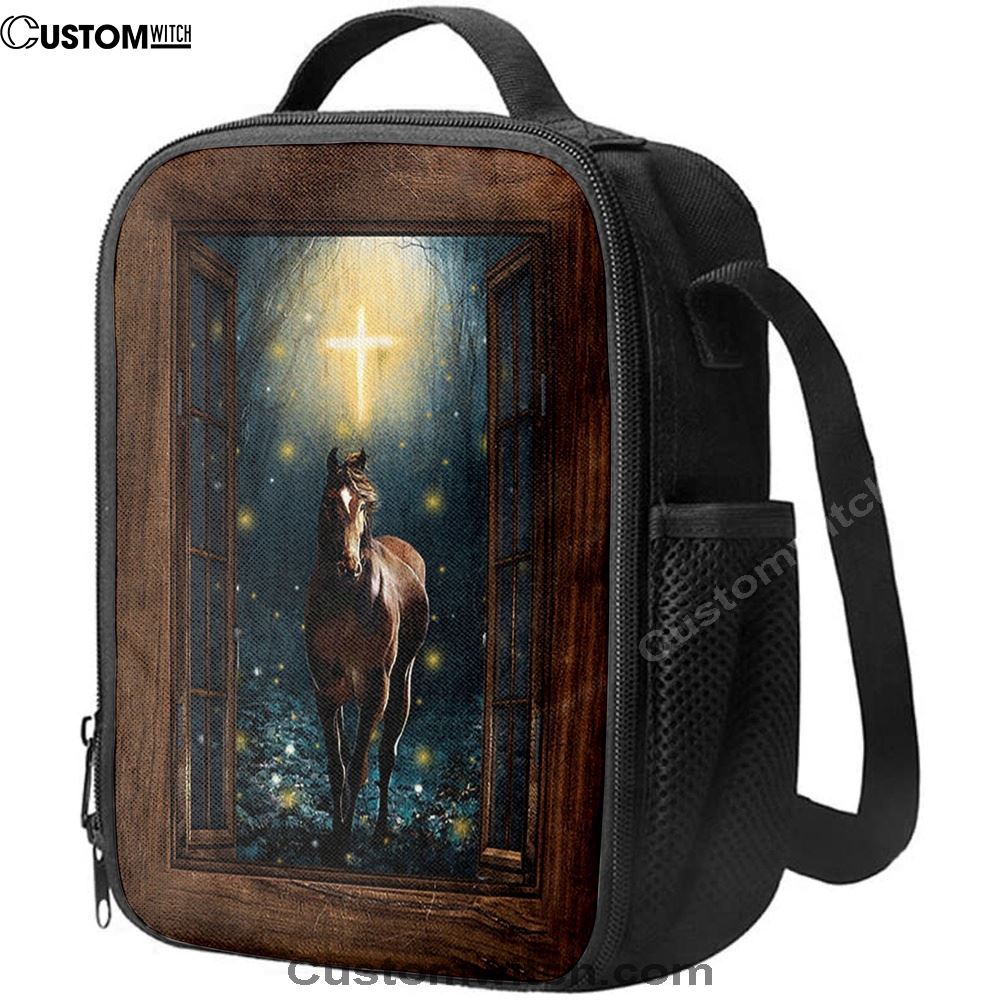 Horse Firefly Cross Wooden Window Lunch Bag, Christian Lunch Bag, Religious Lunch Box For School, Picnic