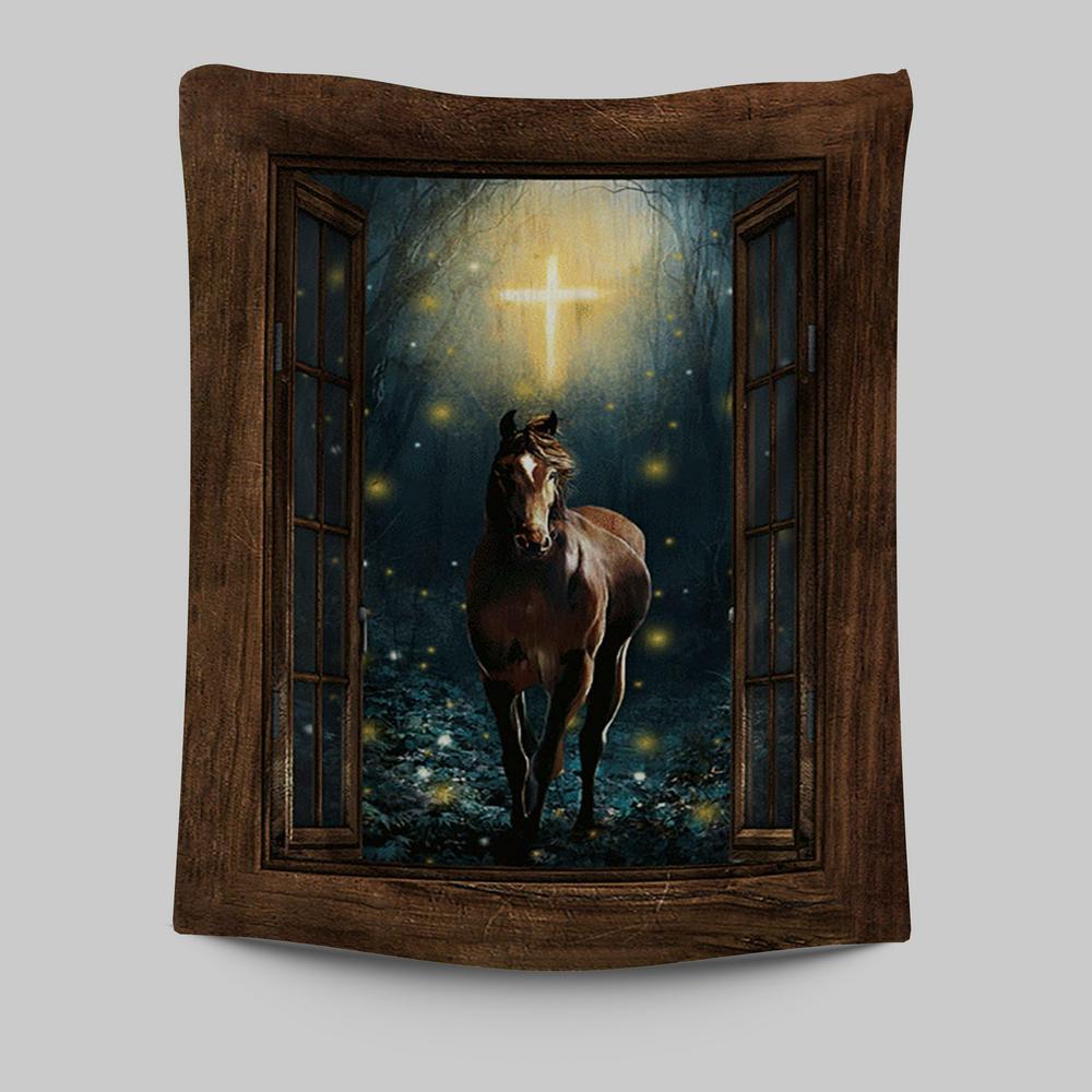 Horse Firefly Cross Wooden Window Tapestry Art - Bible Verse Wall Art - Christian Inspirational Wall Decor