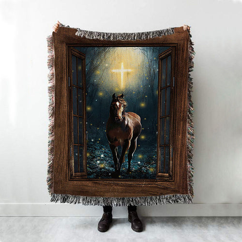 Horse Firefly Cross Wooden Window Woven Blanket Art - Bible Verse Throw Blanket - Christian Inspirational Boho Blanket