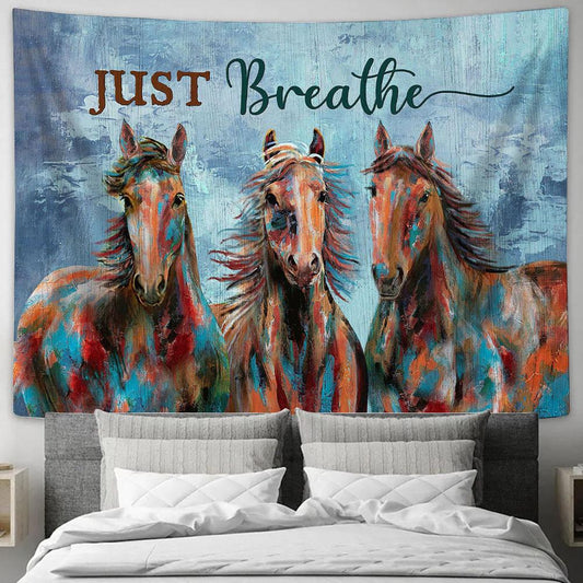 Horse Just Breath Blue Background Tapestry Wall Art - Bible Verse Tapestry - Religious Tapestry Wall Hanging