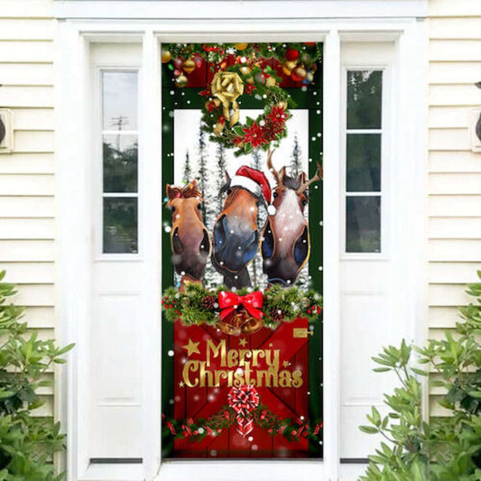 Horse Merry Christmas Door Cover Funny Holiday Decor For Porch & Home, Christmas Door Knob Covers, Christmas Outdoor Decoration