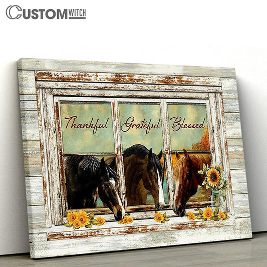 Horse Sunflower Thankful Grateful Blesses Wall Art Canvas - Christian Wall Decor - Gifts For Horse Lovers