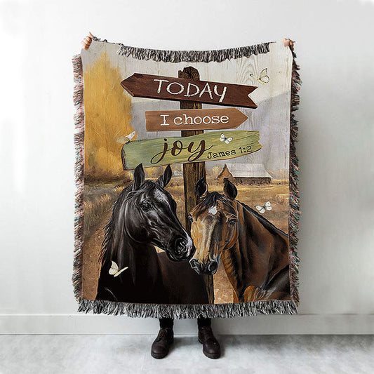 Horse Today I Choose Joy Woven Throw Blanket - Christian Woven Blanket Prints - Bible Verse Woven Blanket Art